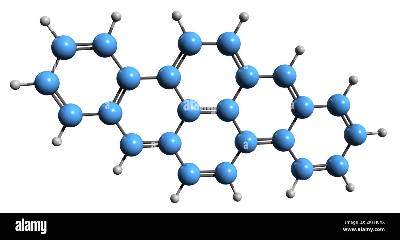 3D Bild der Dibenzopyrene-Skelettformel - molekularchemische Struktur des polyzyklischen aromatischen Kohlenwasserstoffs, isoliert auf weißem Hintergrund Stockfoto