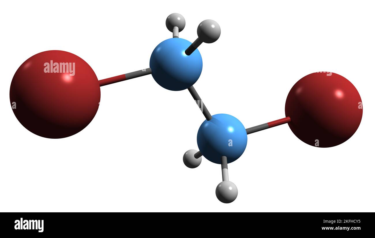 3D Bild der Skelettformel von Dibromoethan - molekulare chemische Struktur von Ethylendibromid auf weißem Hintergrund isoliert Stockfoto