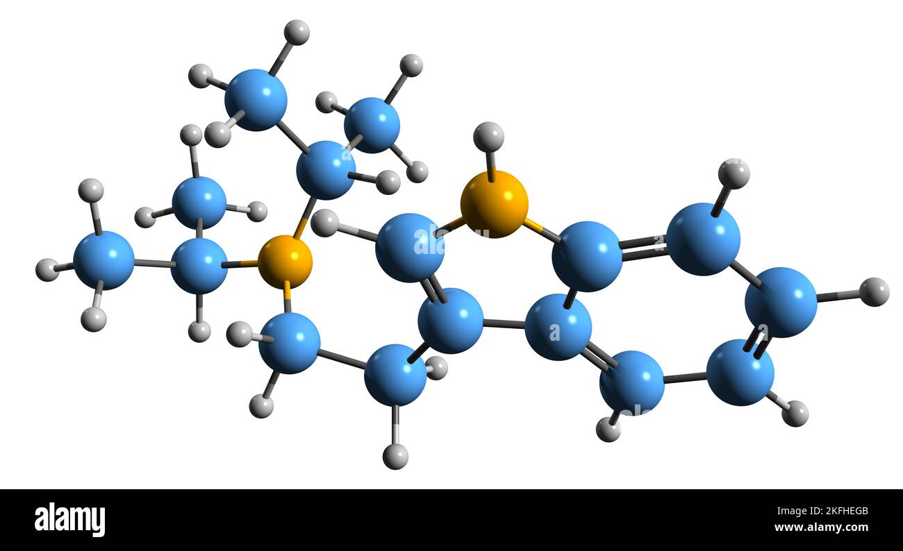 3D Bild der Skelettformel von Diisopropyltryptamin - molekulare chemische Struktur eines psychedelischen halluzinogenen Medikaments auf weißem Hintergrund isoliert Stockfoto