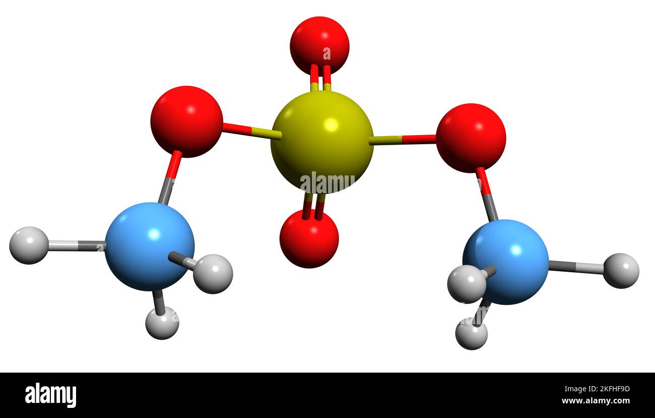 3D Bild der Skelettformel von Dimethylsulfat - molekularchemische Struktur des Schwefelsäure-Dimethylesters auf weißem Hintergrund isoliert Stockfoto