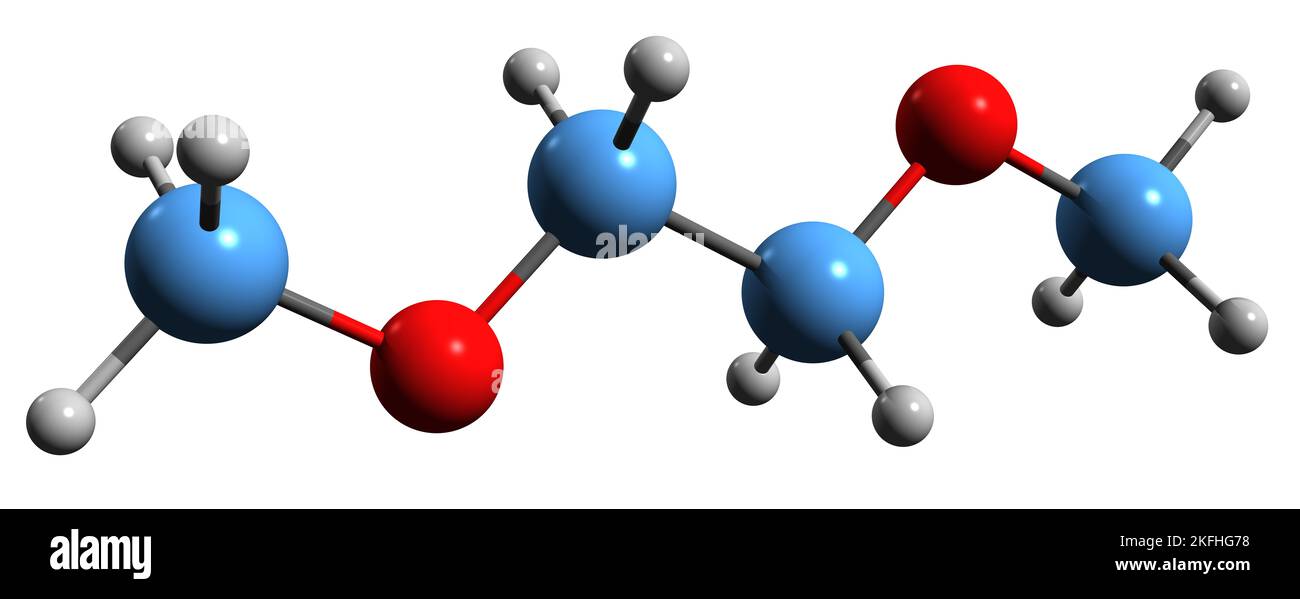 3D Bild der Skelettformel von Dimethoxyethan - molekularchemische Struktur von Ethylenglykol-Dimethylether auf weißem Hintergrund isoliert Stockfoto