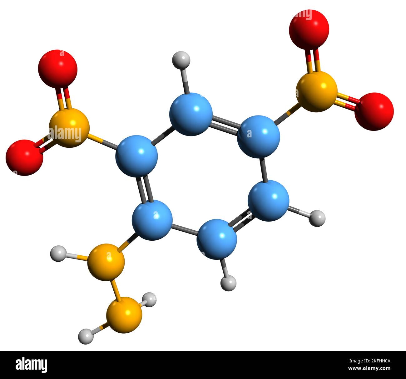 3D Bild der Skelettformel von Dinitrophenylhydrazin - molekularchemische Struktur des Borche-Reagenz auf weißem Hintergrund isoliert Stockfoto