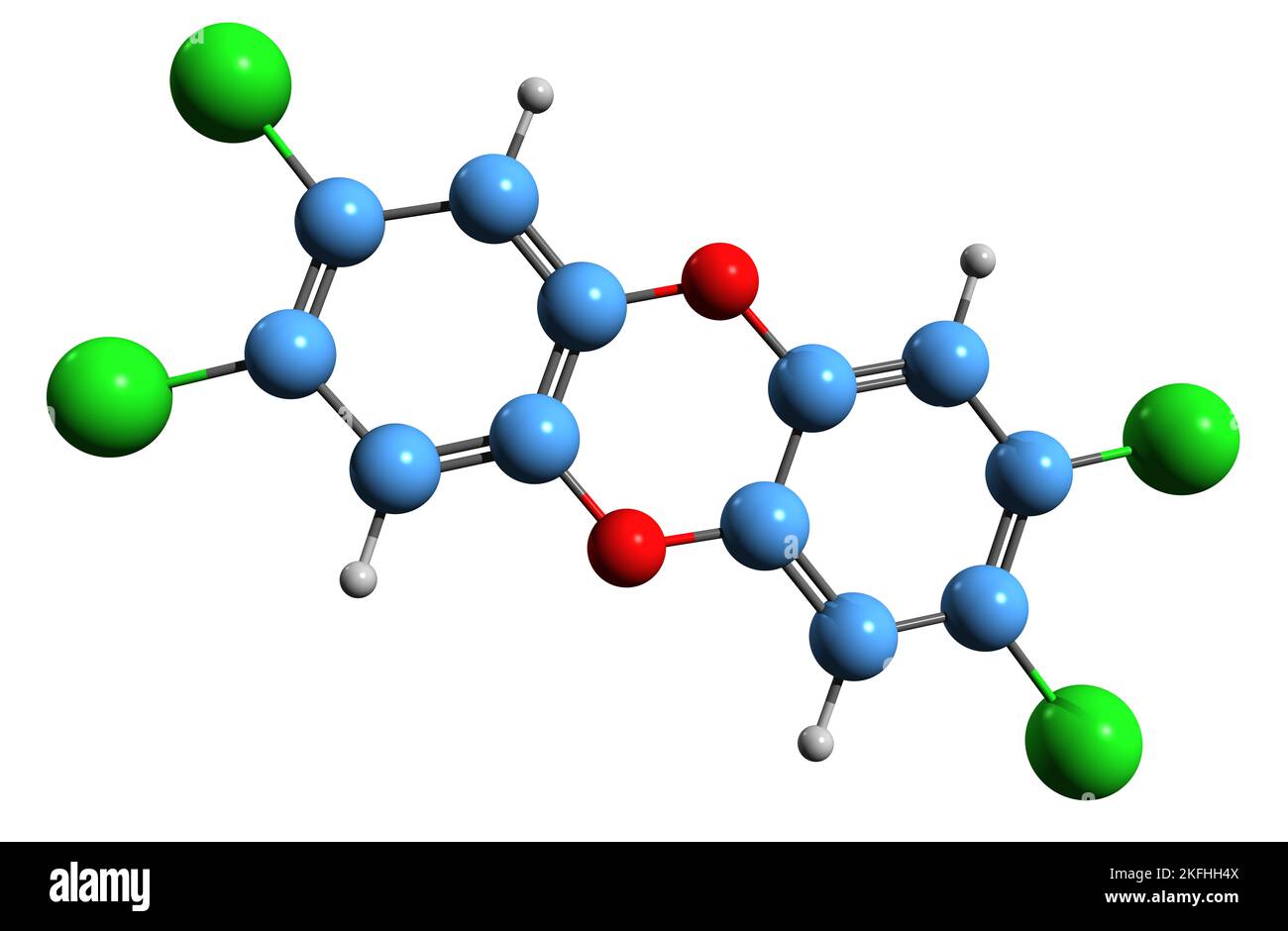 3D Bild der Skelettformel von polychloriertem Dibenzodioxin - molekulare chemische Struktur von Dioxin auf weißem Hintergrund isoliert Stockfoto