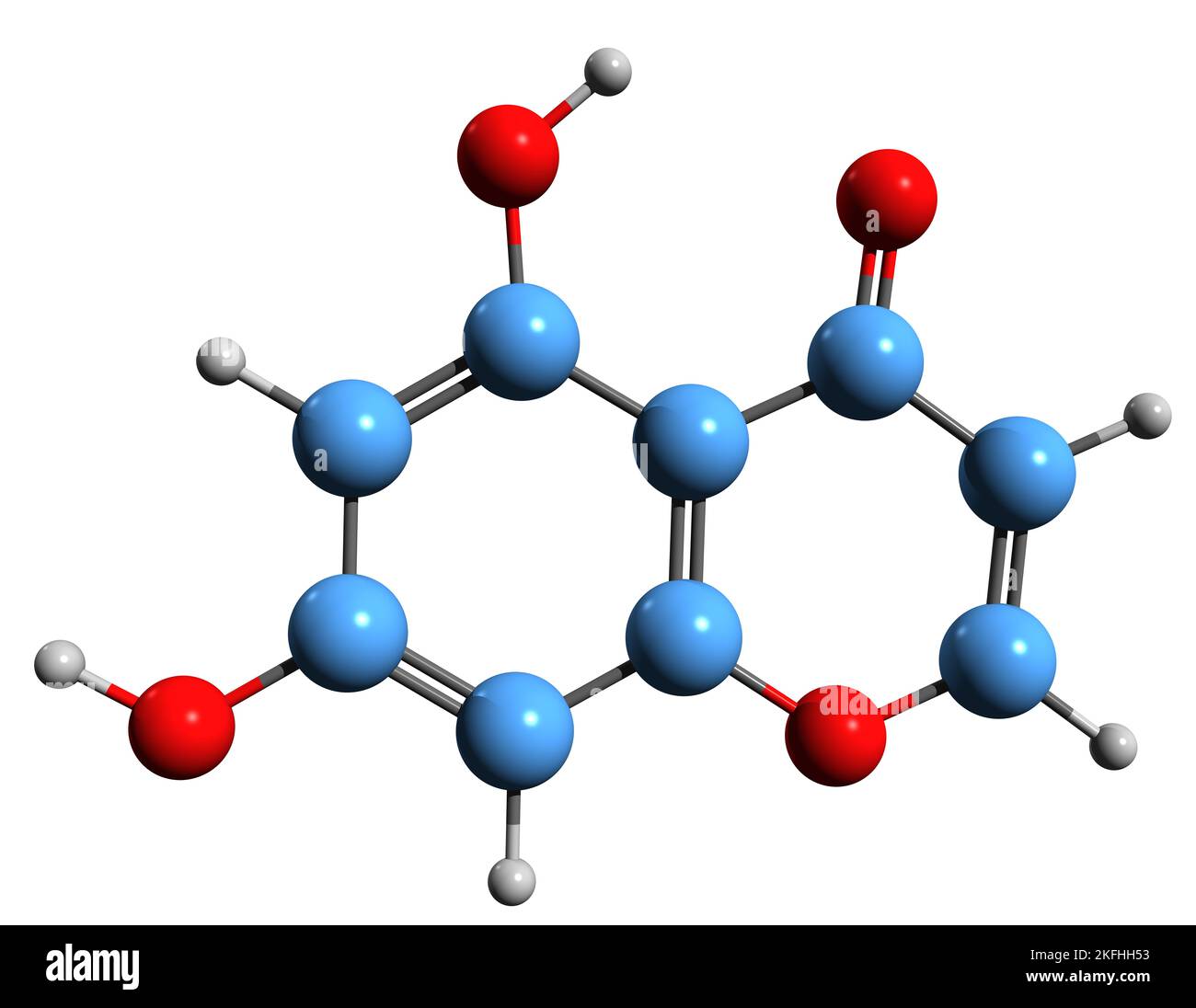 3D Bild der Skelettformel von Dioxymone - molekulare chemische Struktur von Chromone auf weißem Hintergrund isoliert Stockfoto