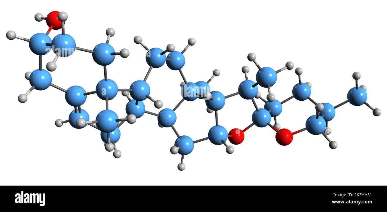 3D Bild der Skelettformel von Diosgenin - molekulare chemische Struktur des PhytoSteroids Sapogenin auf weißem Hintergrund isoliert Stockfoto