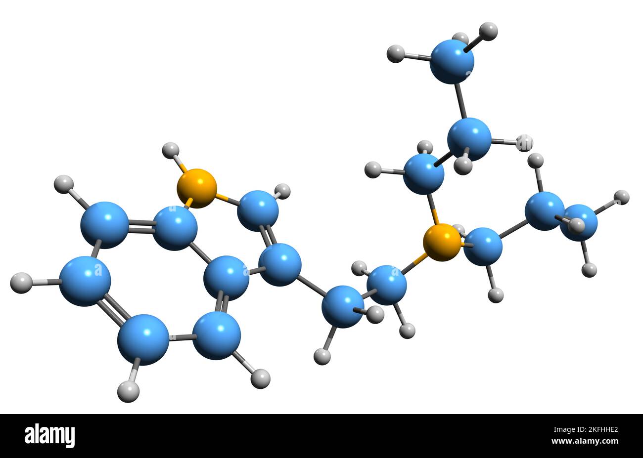 3D Bild der Dipropyltryptamin-Skelettformel - molekulare chemische Struktur des psychedelischen entheogen isoliert auf weißem Hintergrund Stockfoto