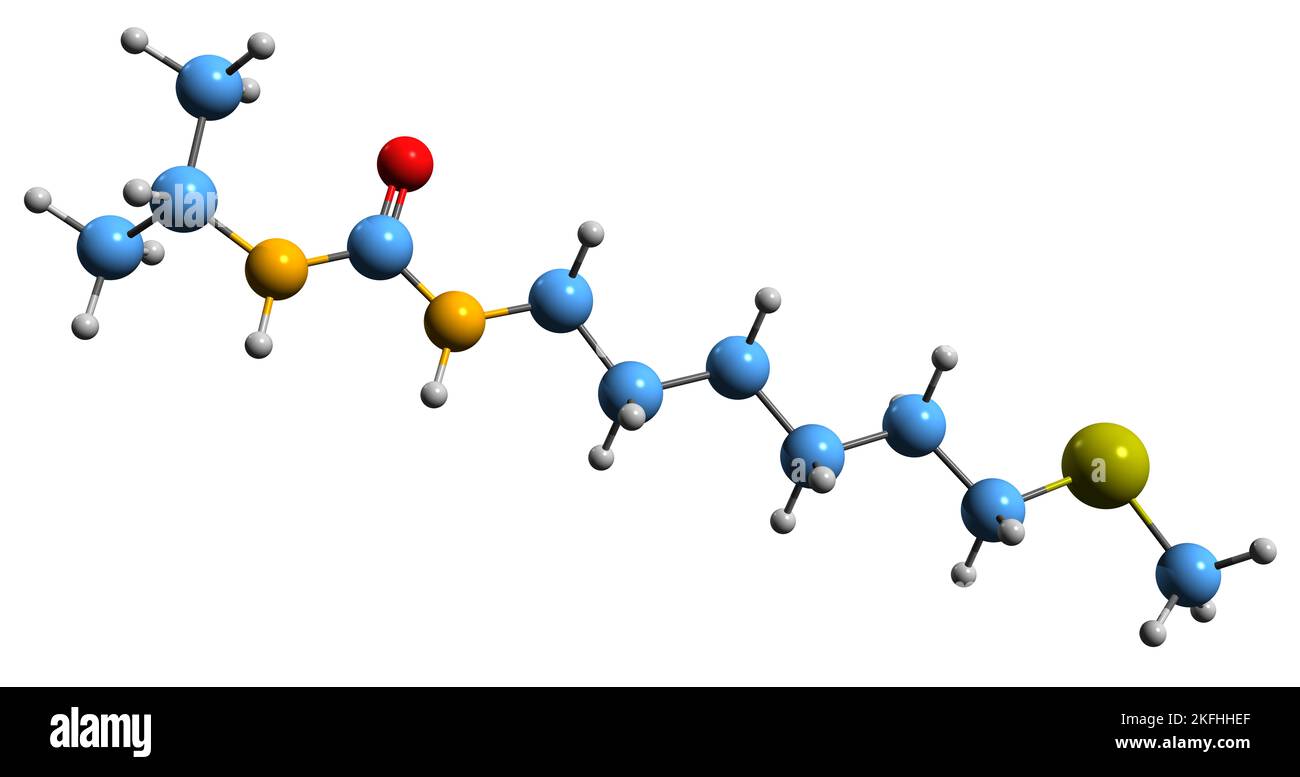 3D Bild der Skelettformel des Diptocarpamins - molekularchemische Struktur des Alkaloids auf weißem Hintergrund isoliert Stockfoto