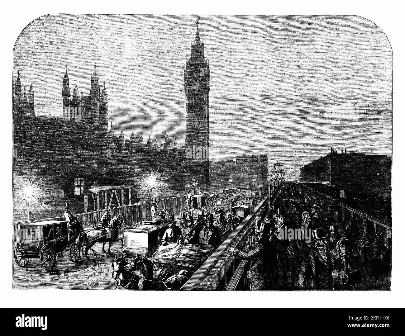 Westminster Bridge in London, England, wurde 1860 von Limelight (auch bekannt als Drummond-Licht oder Kalziumlicht) beleuchtet, einer Art von Bühnenbeleuchtung, die durch eine Kombination aus Inkandaleszenz und Kerzenlicht entsteht, die normalerweise in Theatern und Musikhallen verwendet wird. Stockfoto