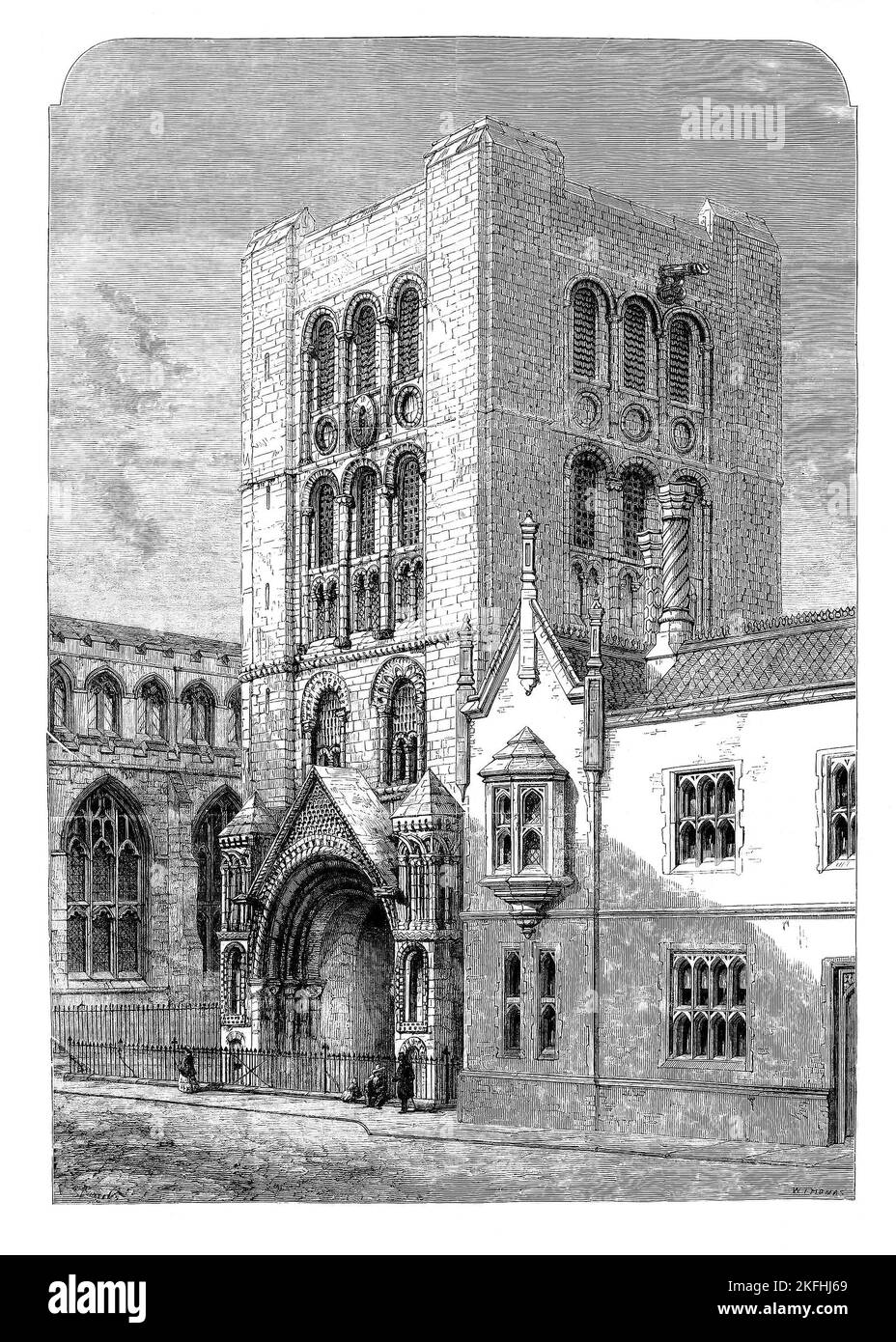 Der Norman Tower, auch bekannt als St. James' Gate, ist der freistehende Glockenturm der St. Edmundsbury Cathedral in Bury St. Edmunds, Suffolk, England. Ursprünglich im frühen 12.. Jahrhundert als Torhaus der riesigen Abtei von Bury St. Edmunds erbaut, heute in Ruinen; 1860 skizziert, zählt es zu den schönsten normannischen Bauten in East Anglia. Stockfoto