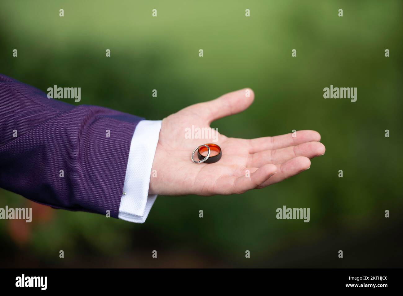 Eheringe in der Hand des Bräutigams in einer lila Jacke und einem weißen Hemd Stockfoto