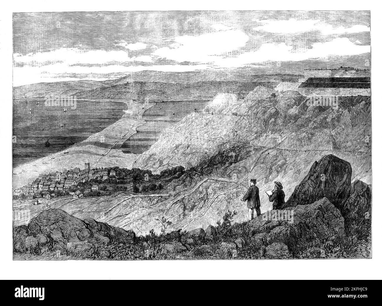 Eine Ansicht aus der Mitte des 18.. Jahrhunderts eines Künstlers, der den Strand von Kesil, auch bekannt als die Bank von Kesil, aus Portland Heights in Dorset, England skizziert. Sein Name leitet sich vom altenglischen Zeosel oder Cisel ab, was "Kies" oder "Schindel" bedeutet und er verläuft über eine Länge von 29 Kilometern (18 Meilen) von West Bay bis zur Isle of Portland. Hinter dem Strand befindet sich die Flotte, eine flache Gezeitenlagune. Stockfoto