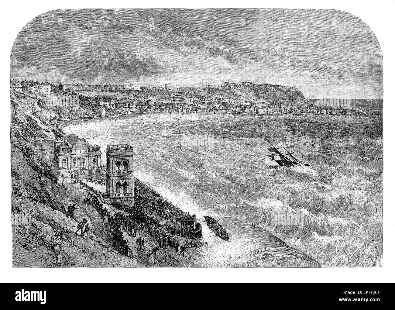 Während des massiven Sturms vom 2.. November 1861, „The Coupland“, versuchte ein Schoner aus dem Süden Schilde, in den Hafen von Scarborough an der Küste von Yorkshire einzulaufen, scheiterte aber. Das Rettungsboot wurde von vielen Zuschauern beobachtet, als es zu den Mauern der Spa-Promenade ging. Die Wellen waren riesig und das Lifeboat geriet bald in Schwierigkeiten, als das schwere Meer mehrere der Besatzung über Bord wusch. Einige der Zuschauer versuchten zu helfen, aber eine Reihe von ihnen und Rettungsschwimmerinnen starben an den Folgen des Sturms. Stockfoto