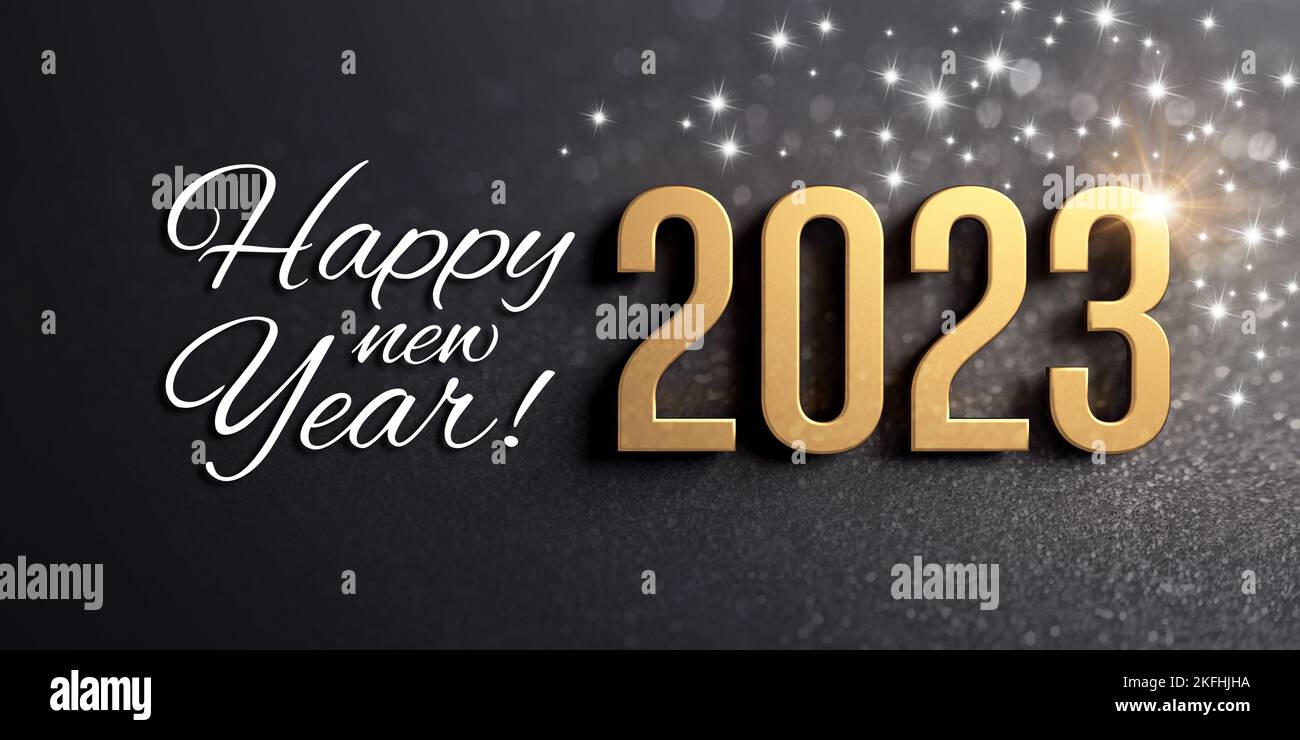 Frohe Neujahrsgrüße und die 2023-Datumsnummer in Gold, auf einer glitzernden schwarzen Karte Stockfoto