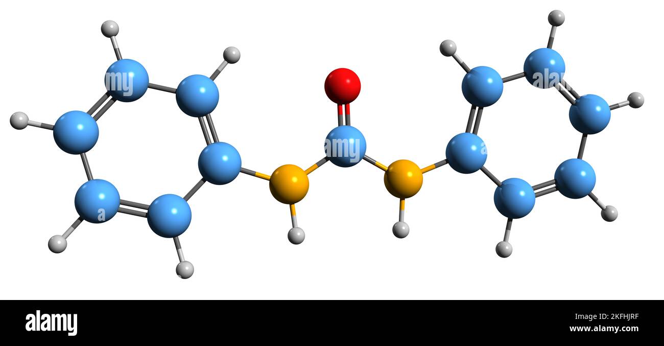 3D Bild der Diphenylharnstoff-Skelettformel - molekularchemische Struktur von Cytokinin isoliert auf weißem Hintergrund Stockfoto