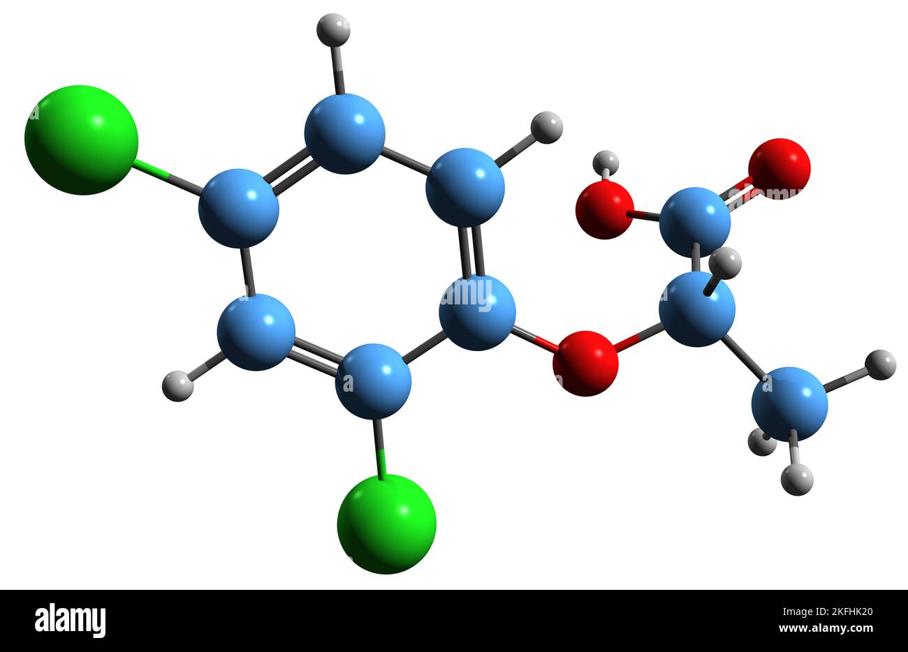 3D Bild der Dichlorprop-Skelettformel - molekulare chemische Struktur des Chlorophenoxy-Herbizids auf weißem Hintergrund isoliert Stockfoto