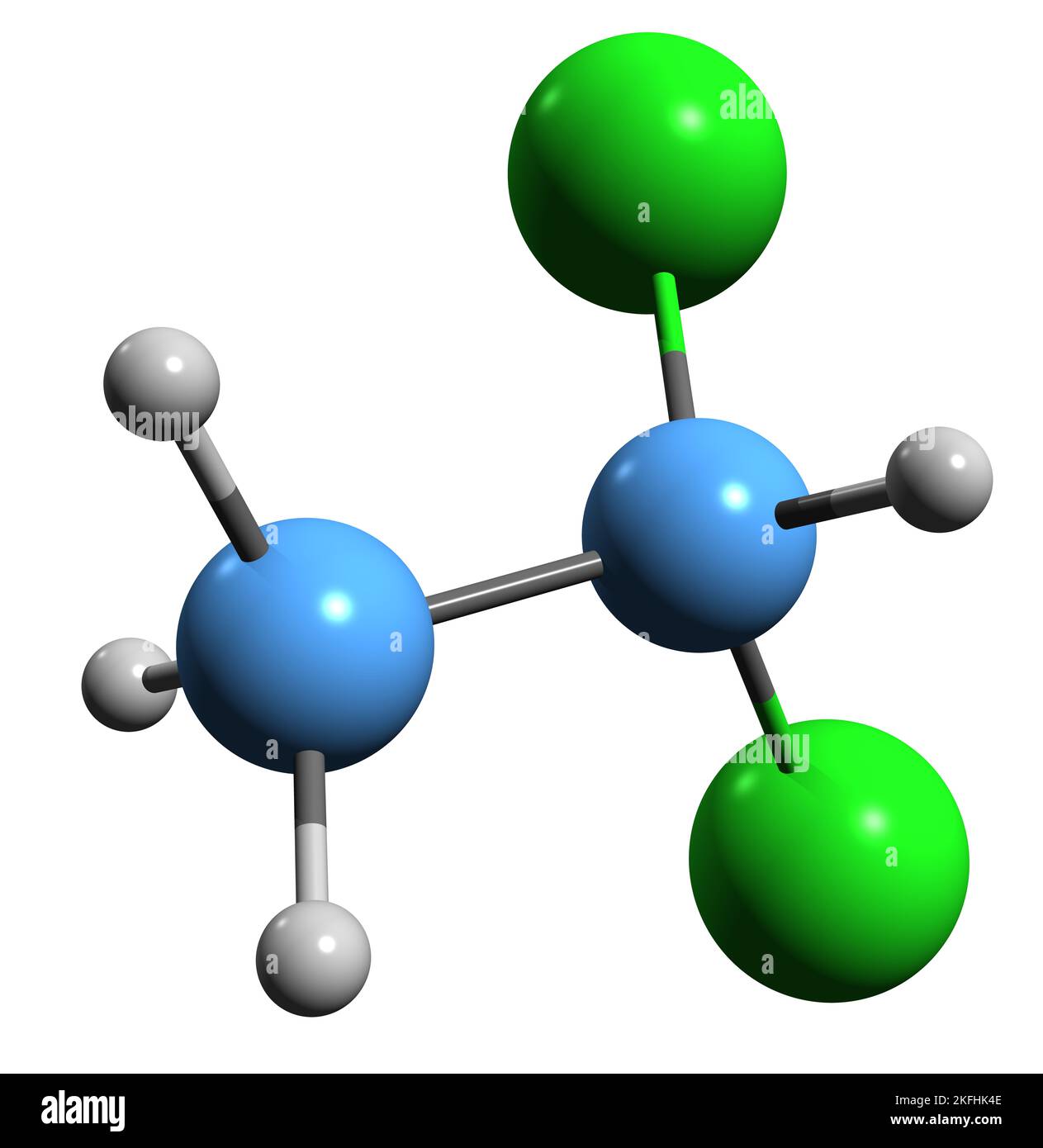 3D Bild der Dichlorethan-Skelettformel - molekularchemische Struktur von Ethylendichlorid isoliert auf weißem Hintergrund Stockfoto