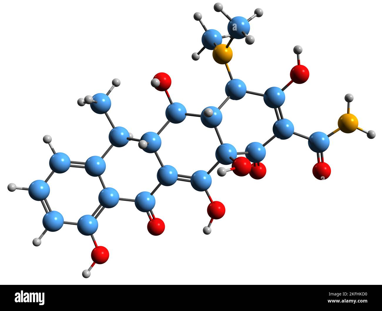 3D Bild der Skelettformel von Doxycyclin - molekularchemische Struktur eines auf weißem Hintergrund isolierten Breitband-Tetracyclin-Antibiotikums Stockfoto