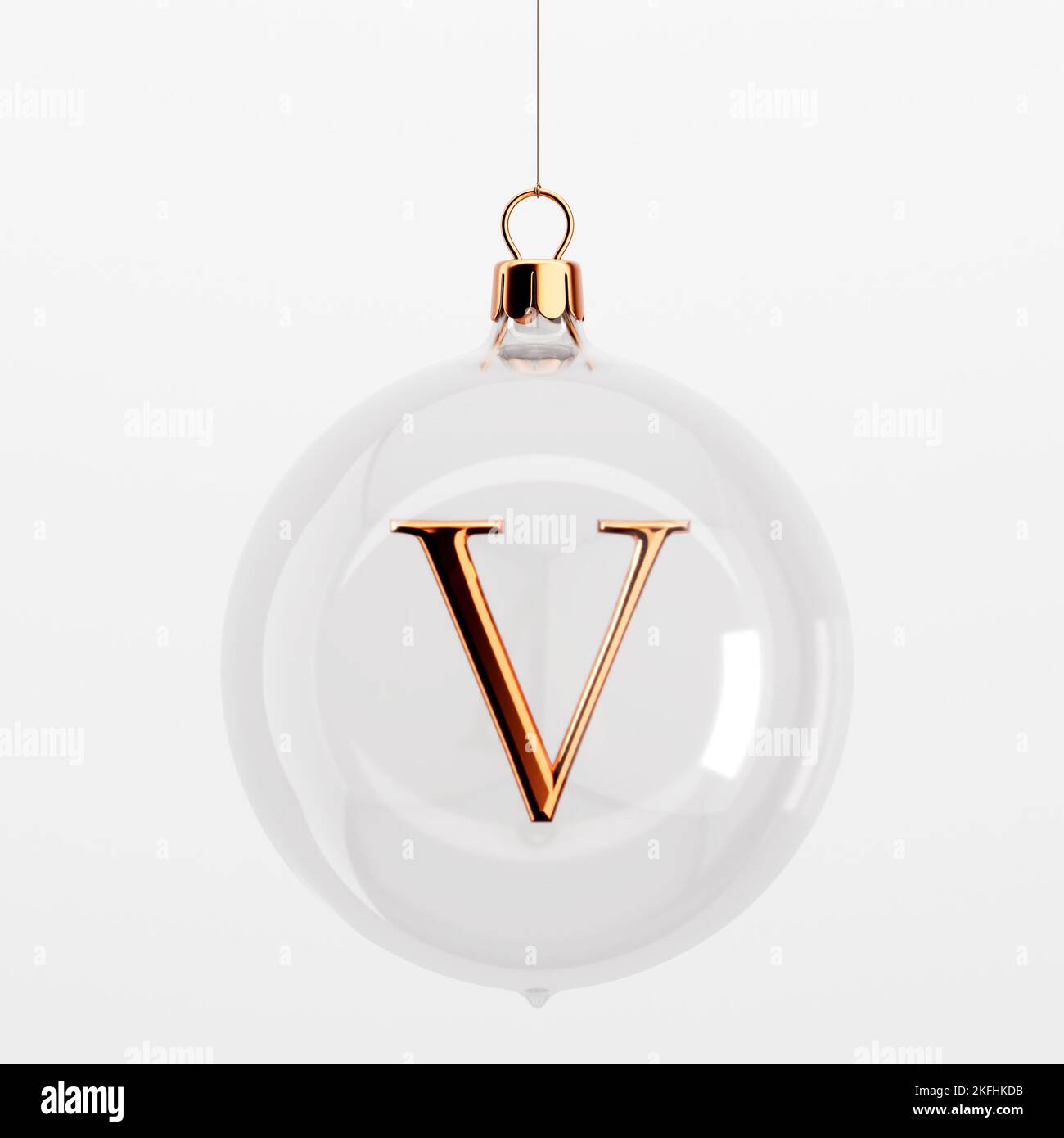 Festliche Weihnachtskugeln aus Glas. Mit goldenem Buchstaben V. 3D Rendering Stockfoto