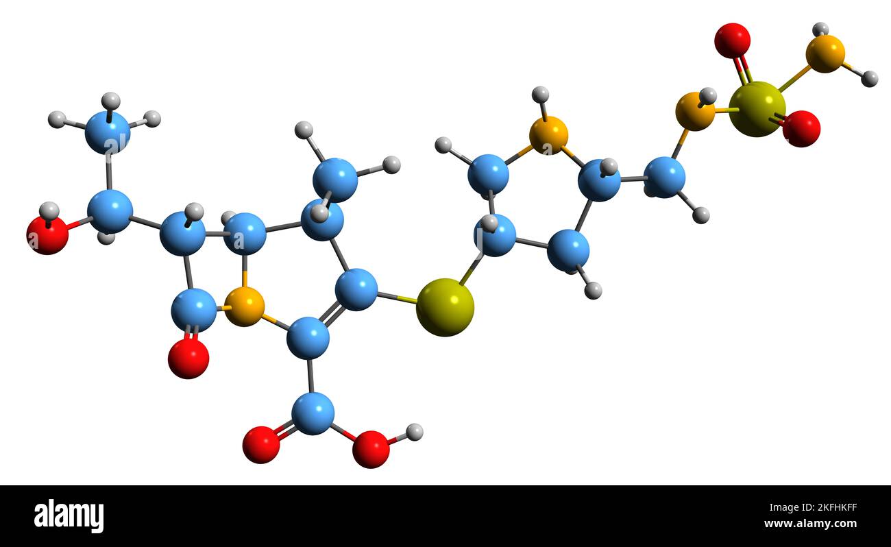 3D Bild von Doripenem Skelettformel - molekulare chemische Struktur des Carbapenem-Antibiotikums, isoliert auf weißem Hintergrund Stockfoto