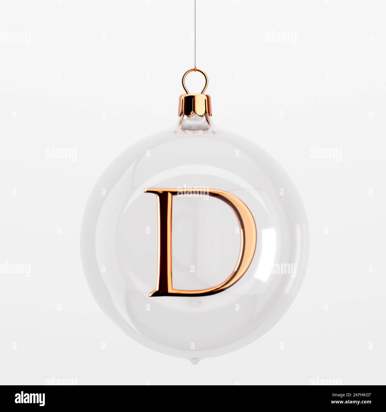 Festliche Weihnachtskugeln aus Glas. Mit goldenem Buchstaben D. 3D Rendering Stockfoto