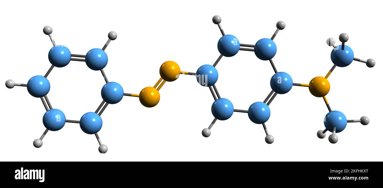 3D Bild der Skelettformel aus Methyl-Gelb - molekulare chemische Struktur von 4-Dimethylaminoazobenzol auf weißem Hintergrund isoliert Stockfoto