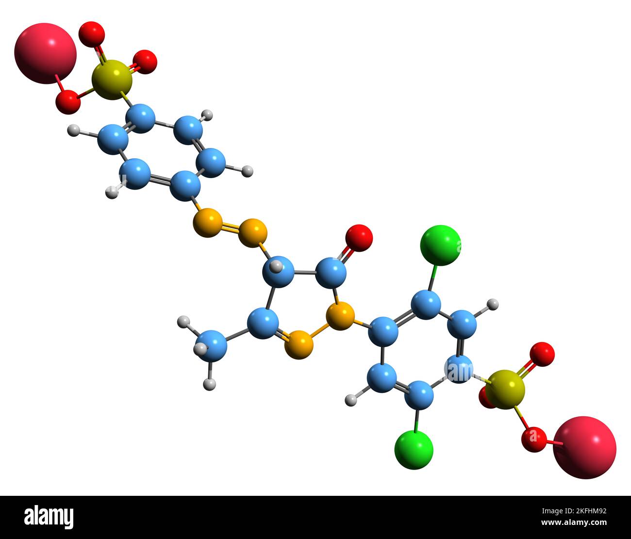 3D Bild von Gelbe 2G Skelettformel - molekularchemische Struktur der Lebensmittelfarbe isoliert auf weißem Hintergrund Stockfoto