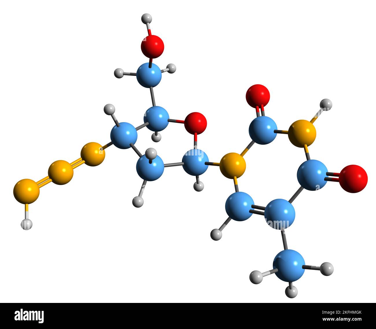 3D Bild der Skelettformel von Zidovudin - molekulare chemische Struktur des antiretroviralen Medikaments Azidothymidin isoliert auf weißem Hintergrund Stockfoto