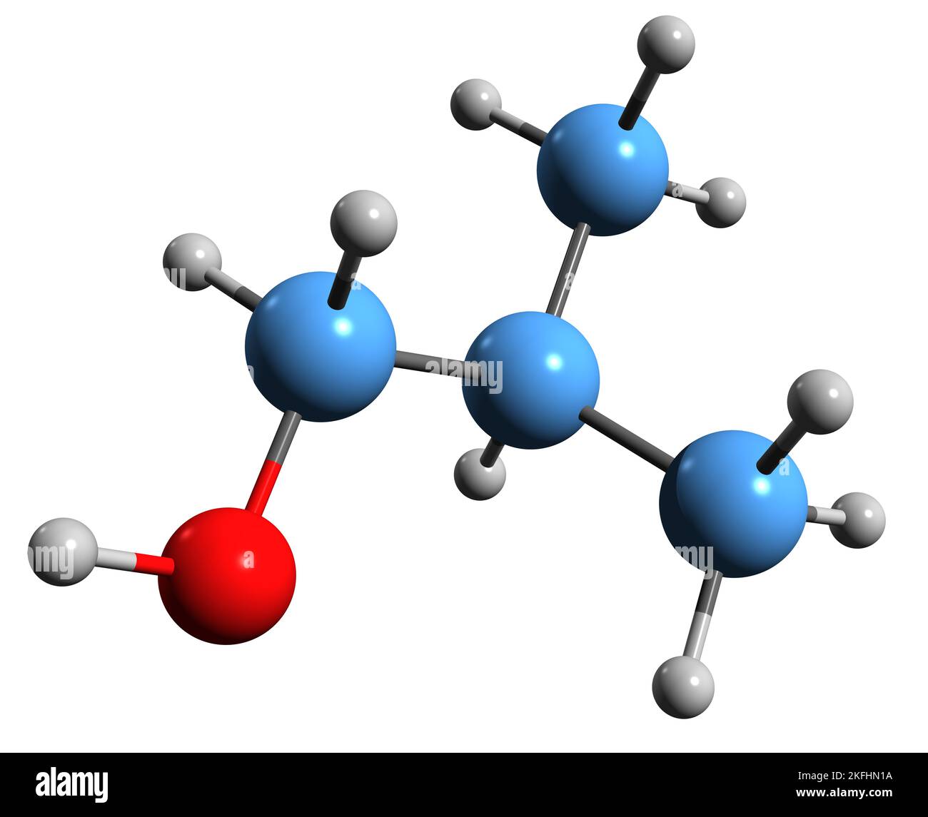 3D Bild der Isabutanol-Skelettformel - molekularchemische Struktur von Isopropylcarbinol isoliert auf weißem Hintergrund Stockfoto