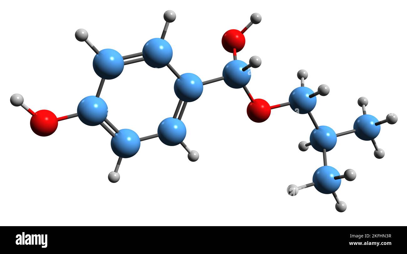 3D Bild der Skelettformel von Isobutylparaben - molekularchemische Struktur des kosmetischen Inhaltsstoffs, isoliert auf weißem Hintergrund Stockfoto