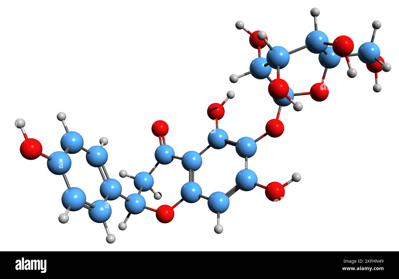 3D Bild der Skelettformel von Isovitexin - molekulare chemische Struktur des Flavons auf weißem Hintergrund isoliert Stockfoto
