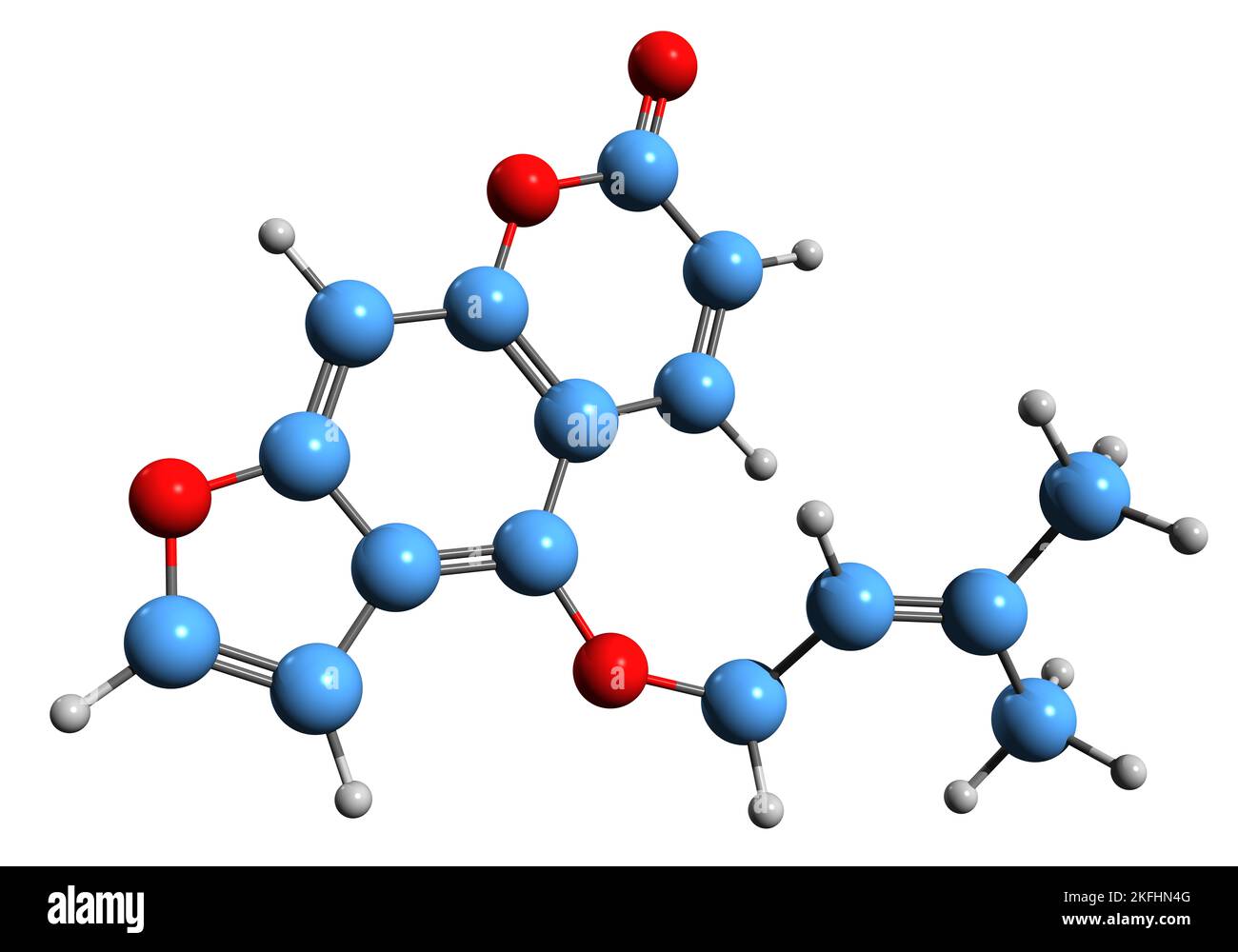 3D Bild der Skelettformel von Isoimperatorin - molekularchemische Struktur des Psoralens auf weißem Hintergrund isoliert Stockfoto
