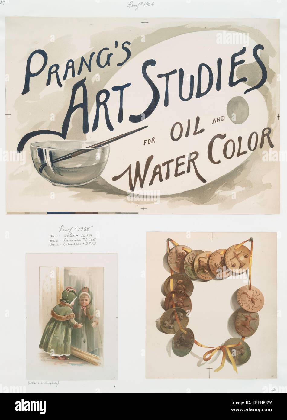 Kalender, Weihnachtskarte und Plakat mit den Worten „Prang's Art Studies for Oil and water color“; zeigt ein Mädchen, das in einem Spiegel sieht, eine Kette von zwölf Medaillons, die jeweils einen Monat darstellen, eine Palette, einen Pinsel und eine Schüssel mit Wasser, c1865 - 1899. [Herausgeber: L. Prang &amp; Co.; Ort: Boston] Stockfoto