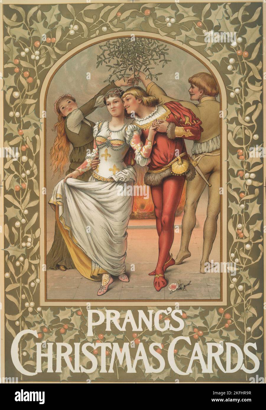 Ein Plakat mit den Worten „Prang's Christmas Cards“, auf dem vier Darsteller, Stechpalme, ein Kamin und eine Rose dargestellt sind, c1865 - 1899. [Herausgeber: L. Prang &amp; Co.; Ort: Boston] Stockfoto