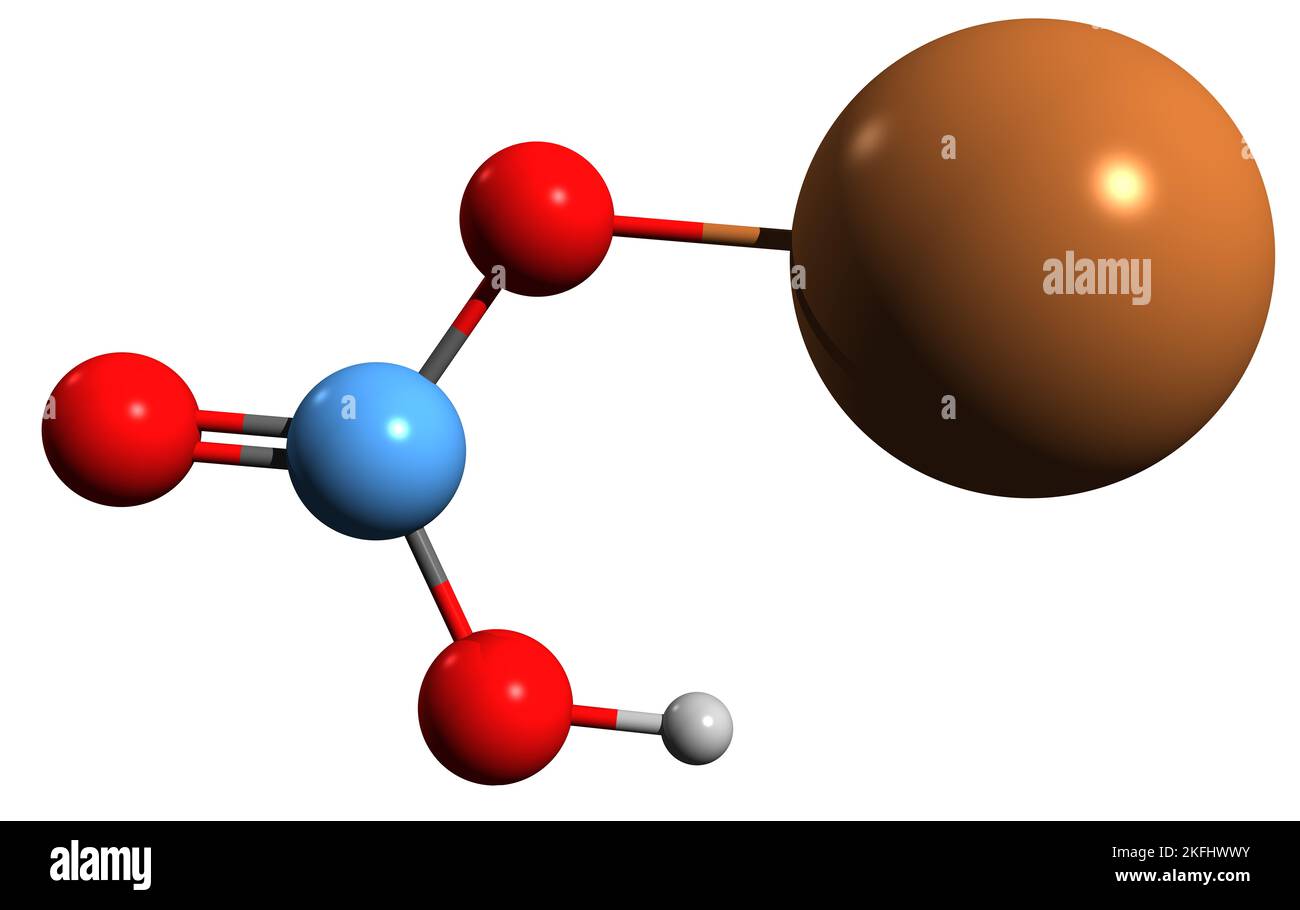 3D Bild der Skelettformel von Kaliumhydrogencarbonat - molekulare chemische Struktur von Kaliumhydrogencarbonat isoliert auf weißem Hintergrund Stockfoto