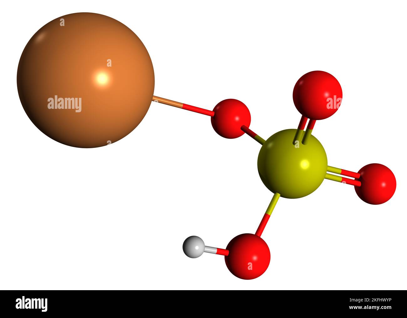 3D Bild der Skelettformel von Kaliumbisulfat - molekulare chemische Struktur von Kaliumhydrogensulfat, isoliert auf weißem Hintergrund Stockfoto