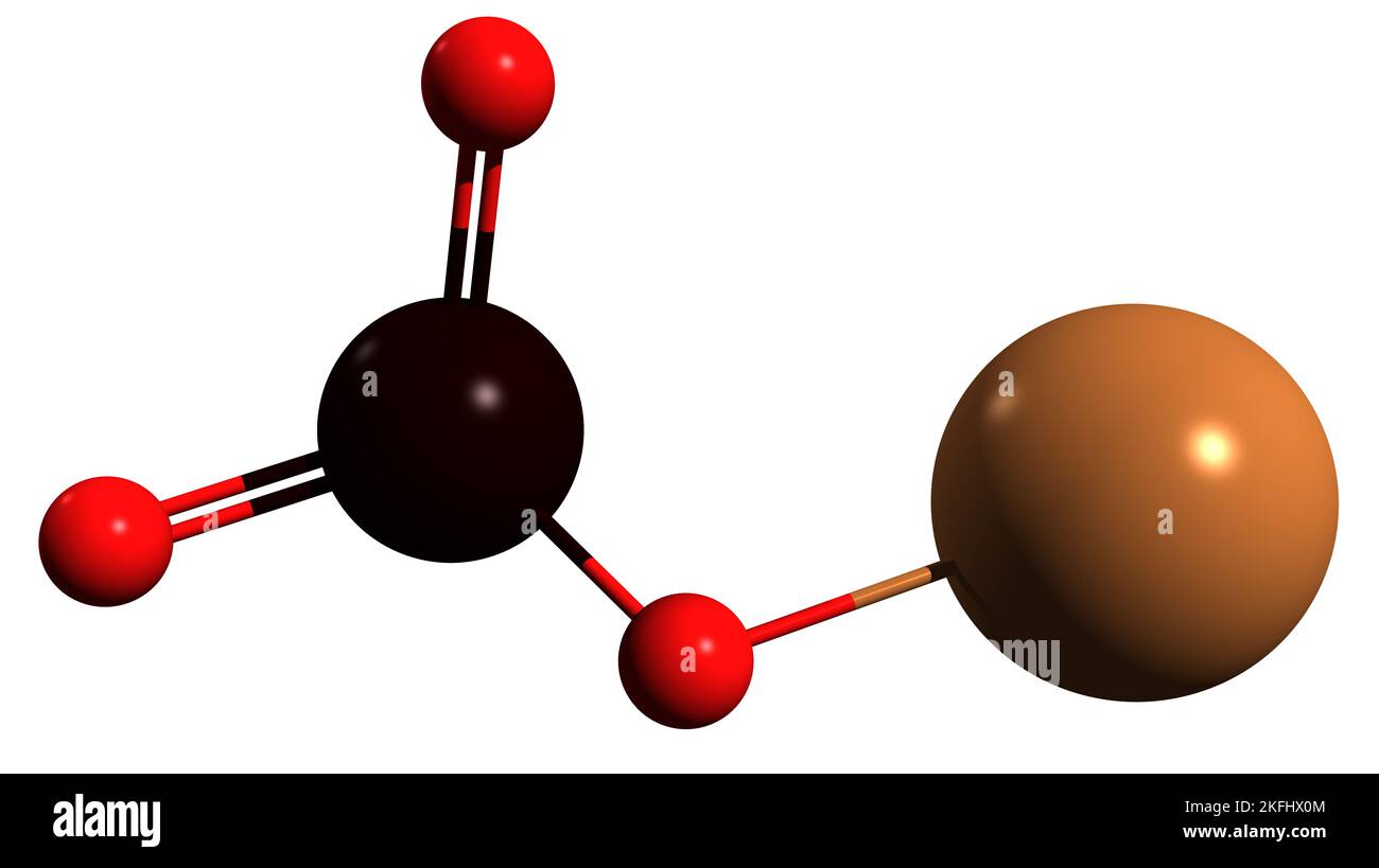 3D Bild der Skelettformel von Kaliumiodate - molekulare chemische Struktur des Oxidationsmittels Е917 isoliert auf weißem Hintergrund Stockfoto