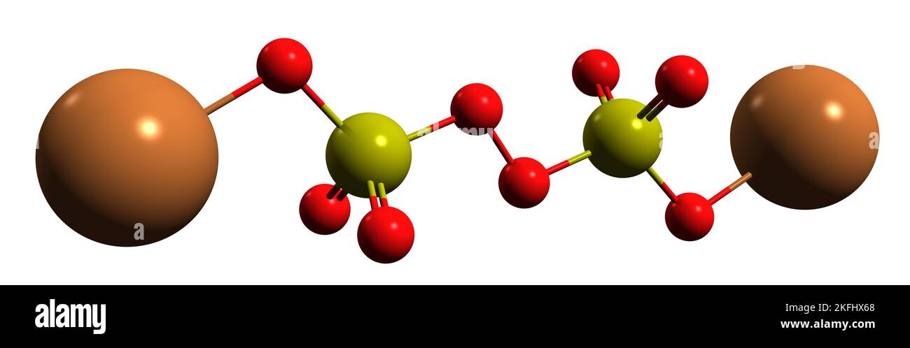 3D Bild der Skelettformel von Kaliumpersulfat - molekulare chemische Struktur von Anthion auf weißem Hintergrund isoliert Stockfoto