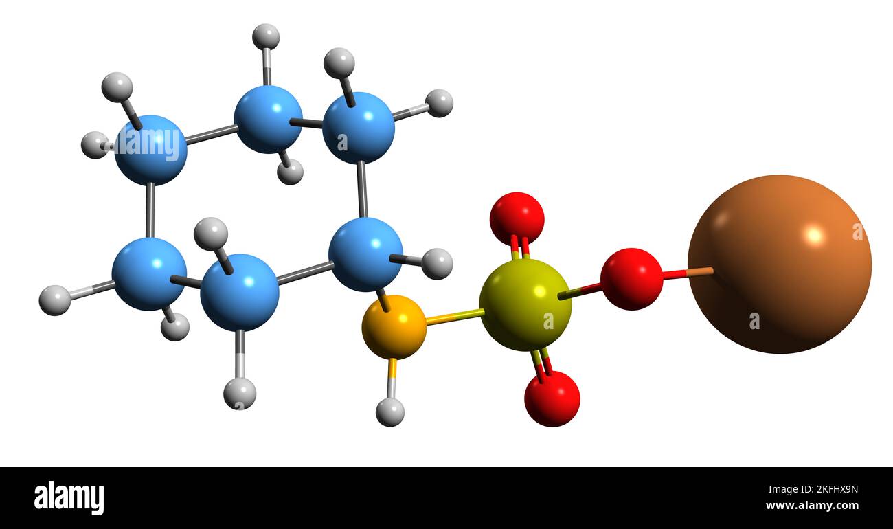 3D Bild der Skelettformel von Kaliumcyclamat - molekulare chemische Struktur von Kaliumcyclohexylsulfamat auf weißem Hintergrund isoliert Stockfoto