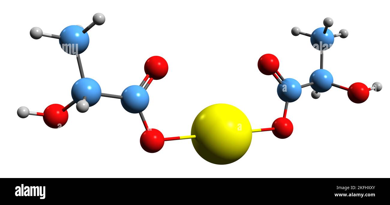 3D Bild der Skelettformel von Calciumlaktat - molekularchemische Struktur des Lebensmittelzusatzstoffes Е327 isoliert auf weißem Hintergrund Stockfoto