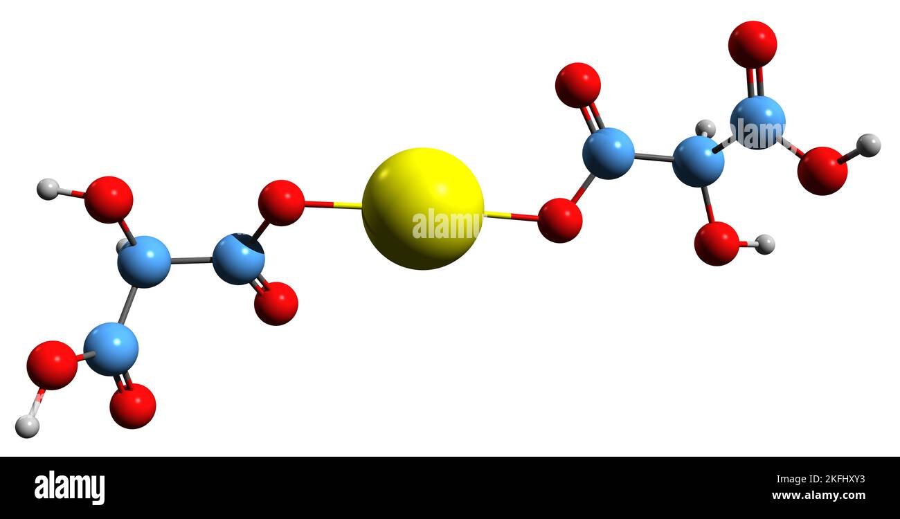 3D Bild der Skelettformel von Calciummalat - molekularchemische Struktur des Calciumsalzes von Apfelsäure, isoliert auf weißem Hintergrund Stockfoto
