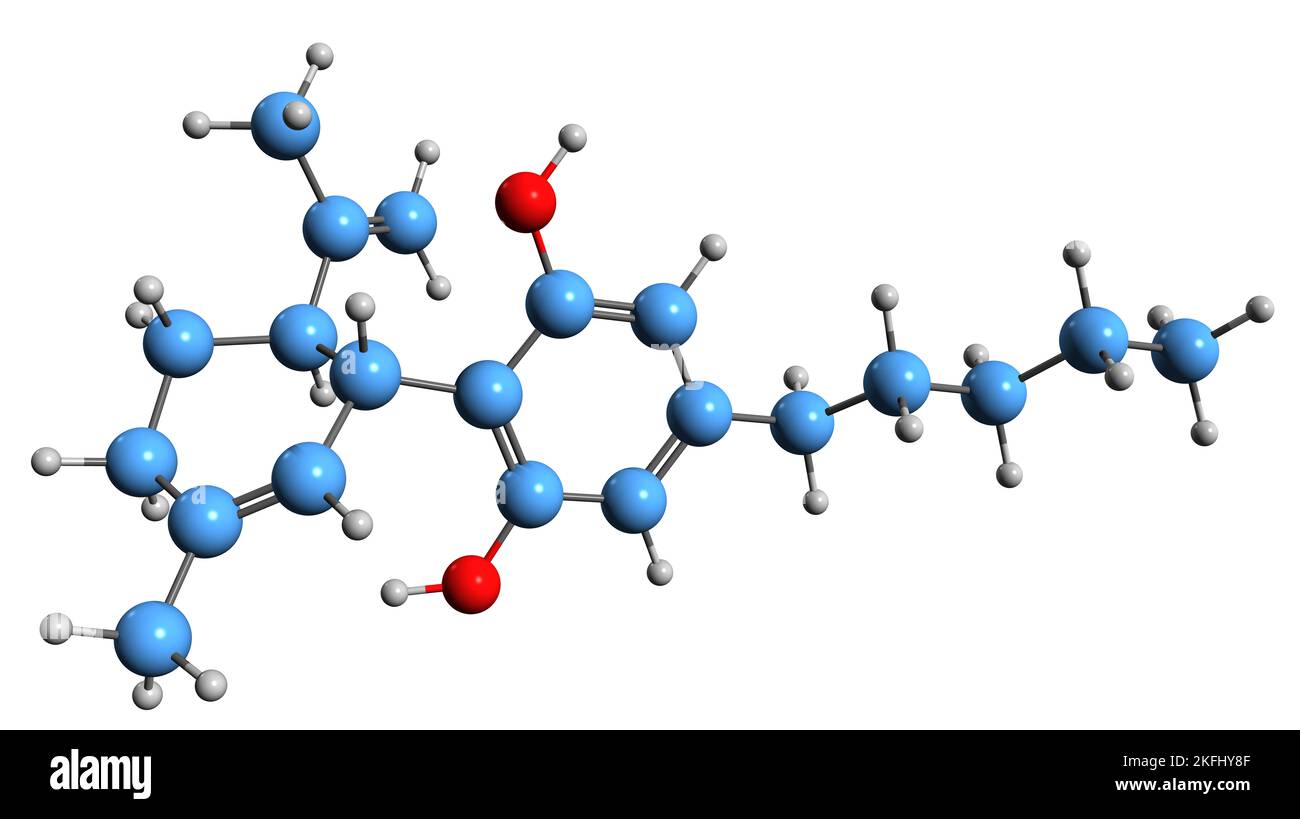 3D Bild von Cannabidiol-Skelettformel - molekularchemische Struktur von Phytocannabinoid isoliert auf weißem Hintergrund Stockfoto