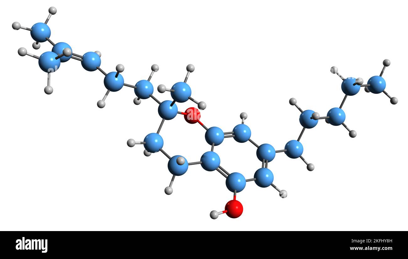 3D Bild von Cannabichromen Skelettformel - molekularchemische Struktur des auf weißem Hintergrund isolierten Phytocannabinoids Stockfoto