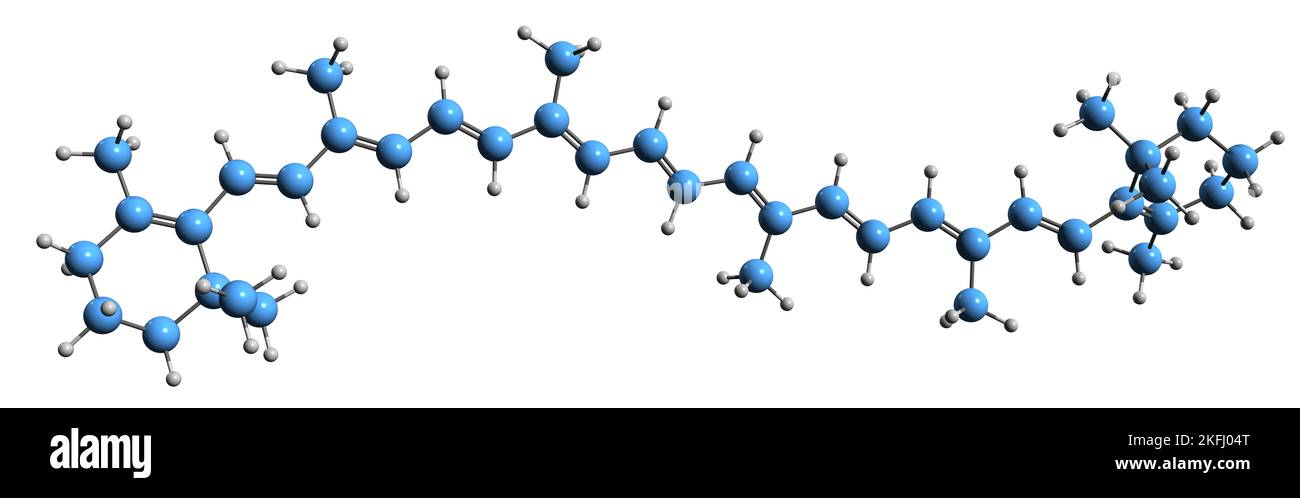 3D Bild der Skelettformel von Beta-Carotin - molekularchemische Struktur von Provitamin A isoliert auf weißem Hintergrund Stockfoto