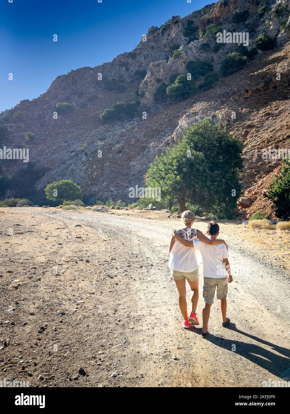 Rückansicht der kaukasischen Mutter und des Sohnes mit den Armen, die während des sonnigen Tages auf der Landschaft in Richtung Berg gehen Stockfoto