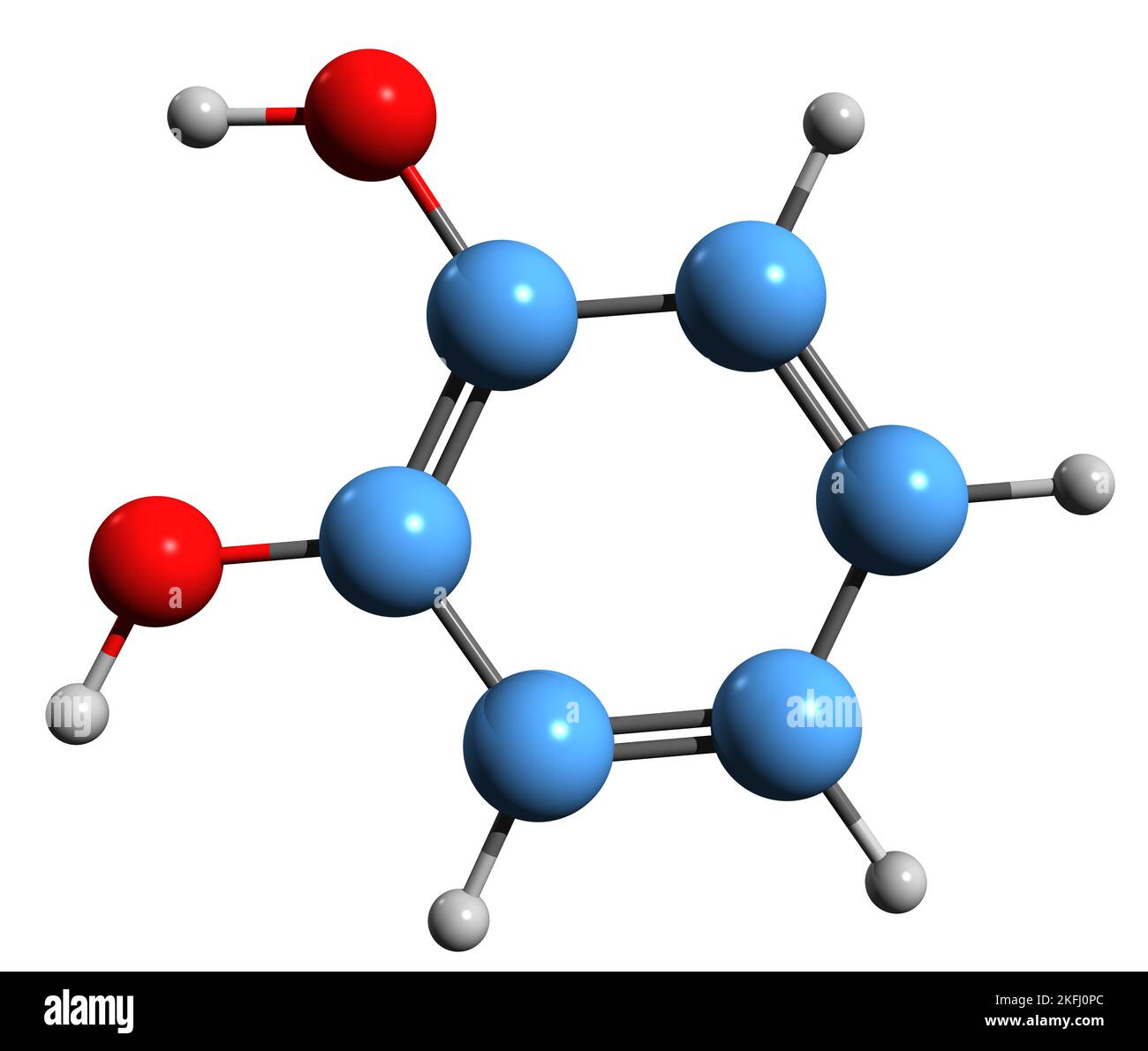 3D Bild der Skelettformel von Catechol - molekularchemische Struktur von Benzenediol isoliert auf weißem Hintergrund Stockfoto