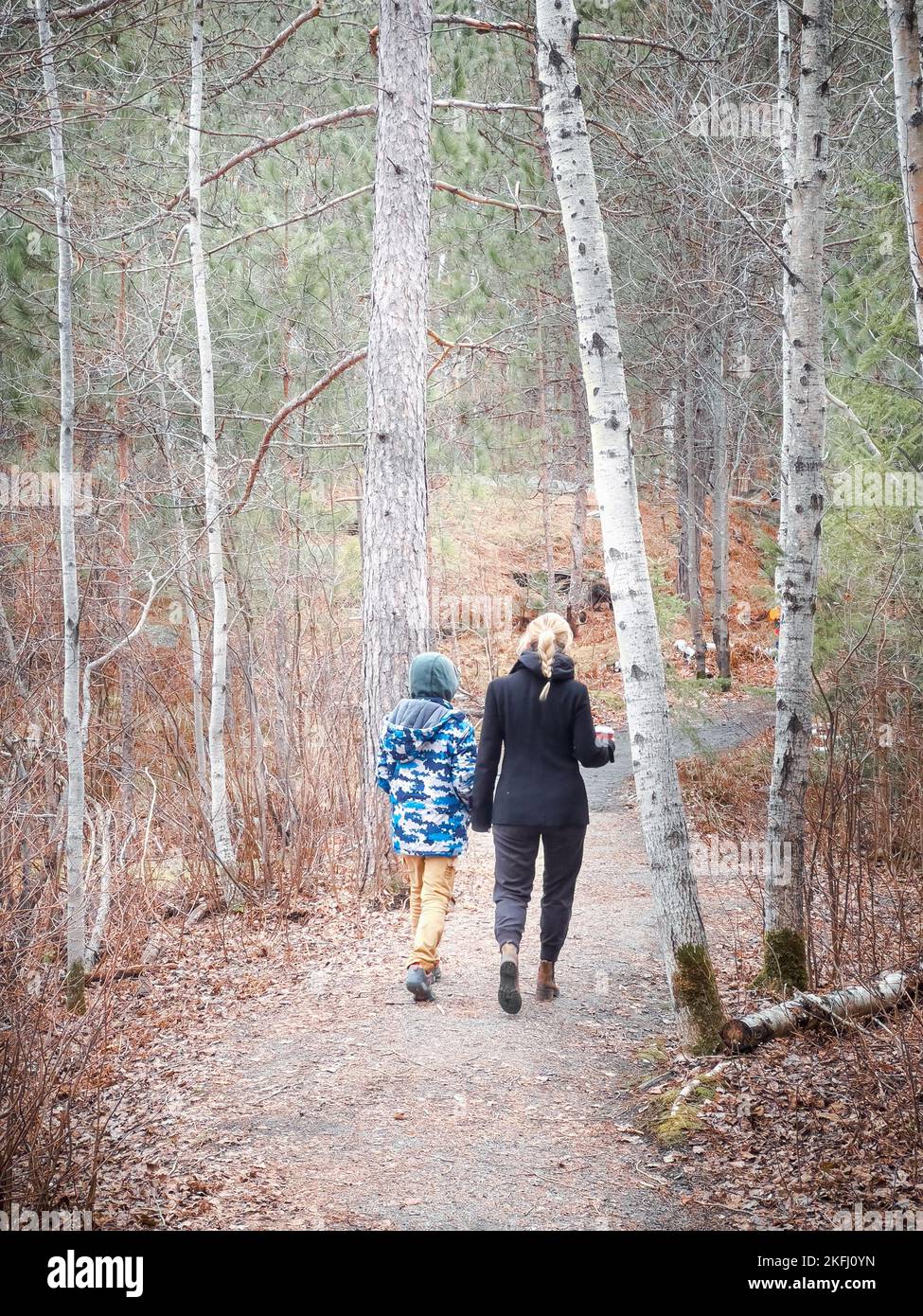 Rückansicht der kaukasischen Mutter und Sohn, die auf unbefestigten Straßen inmitten von Bäumen wandern, während sie ihren Urlaub im Wald genießen Stockfoto