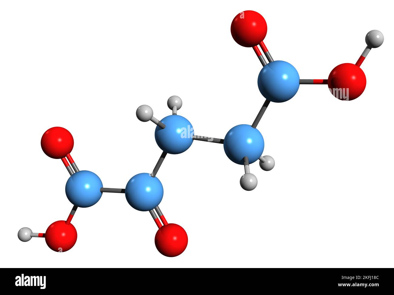 3D Bild der Skelettformel der Ketoglutarinsäure - molekulare chemische Struktur der 2-Oxoglutarinsäure isoliert auf weißem Hintergrund Stockfoto