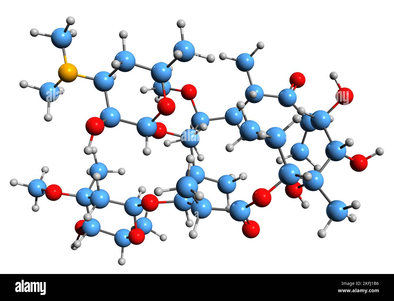 3D Bild der Skelettformel von Clarithromycin - molekularchemische Struktur eines Antibiotikums auf weißem Hintergrund isoliert Stockfoto