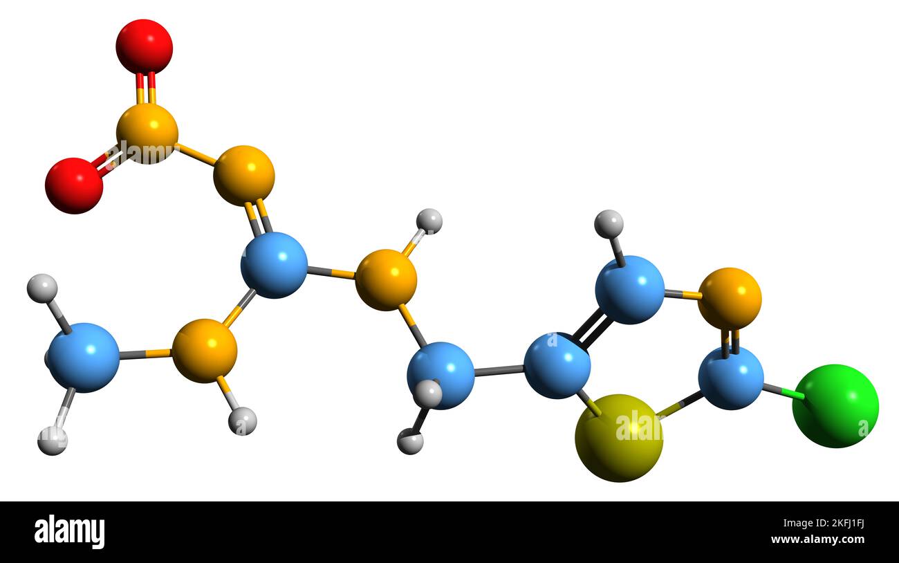 3D Bild von Clothianidin Skelettformel - molekulare chemische Struktur von Neonicotinoid-Insektizid isoliert auf weißem Hintergrund Stockfoto