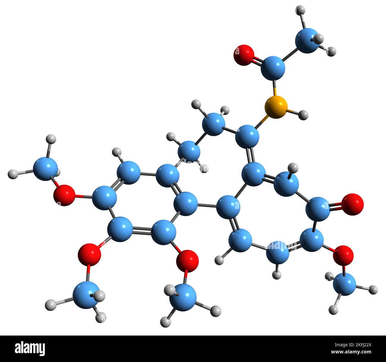 3D Abbildung der Skelettformel von Colchicin - molekularchemische Struktur von Gichtmedikamenten auf weißem Hintergrund isoliert Stockfoto